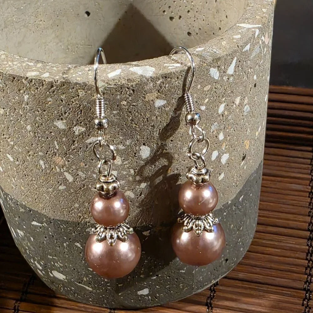 Handcrafted Warm Mauve Antiqued Silver Glass Pearl Drop Earrings